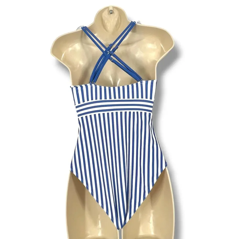 CUPSHE NWOT Blue Striped One Piece Ruffled Swim Suit  XS  Empire Waist